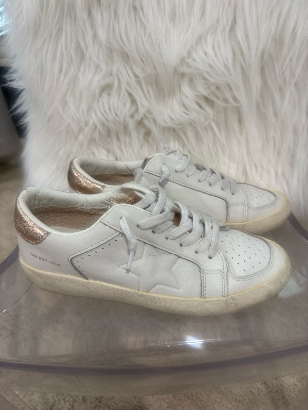 Vintage Havana Reflex White Leather Sneakers with Rose Gold Heel Accent